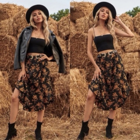 Boho Red Black Ruffle Button Midi Skirt - Picture 4 of 6